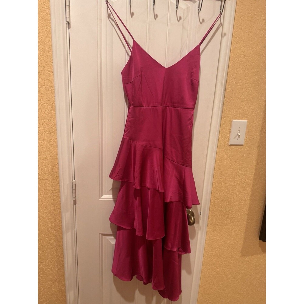 Charming Crush Hot Pink Satin Tiered Ruffled Midi Dress size xs - Picture 4 of 11